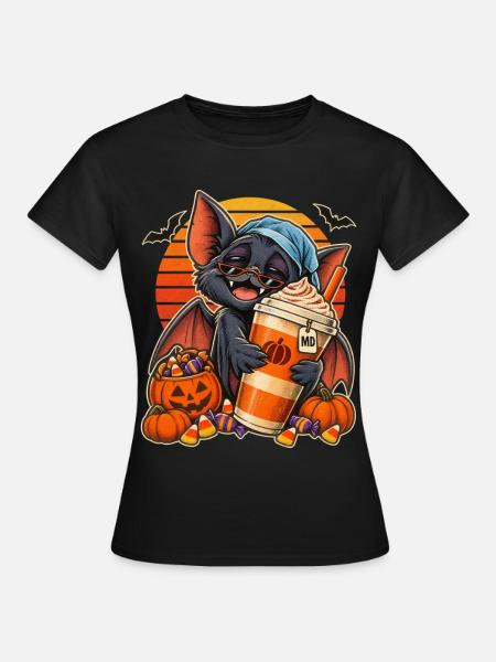 Halloween Fledermaus mit Kürbis-Kaffee - Frauen T-Shirt - Schwarz