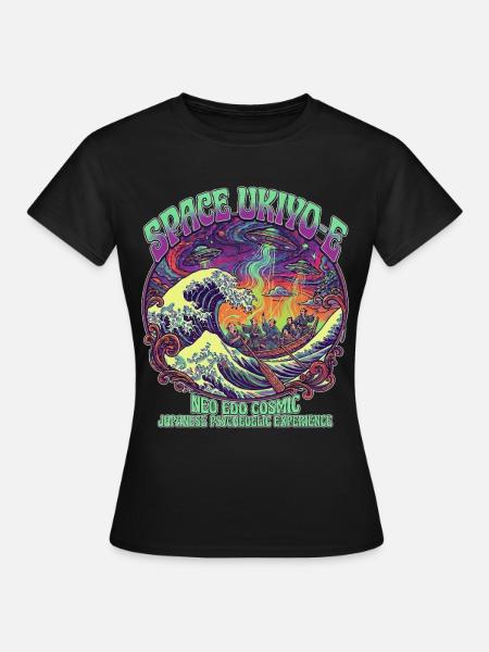 Hokusai Great Wave & UFO Psychedelic Cosmic Ukiyoe - Frauen T-Shirt - Schwarz