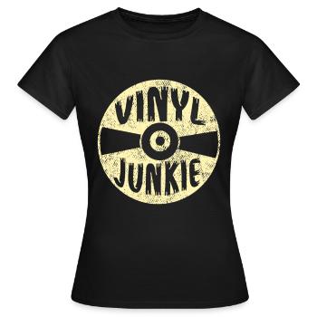 Vinyl Junkie Retro Vintage Album Schallplatte 70er - Frauen T-Shirt - Schwarz - Vorne - AI Model Female 172 dark (172cm)