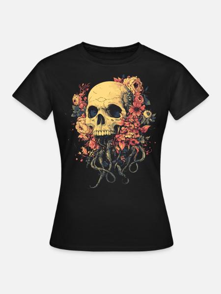 Blumen-Schädel mit Wurzeln & Tentakel - Frauen T-Shirt - Schwarz