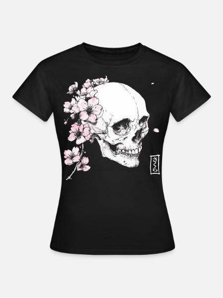 Kirschblüten Schädel im Japan-Stil - Frauen T-Shirt - Schwarz