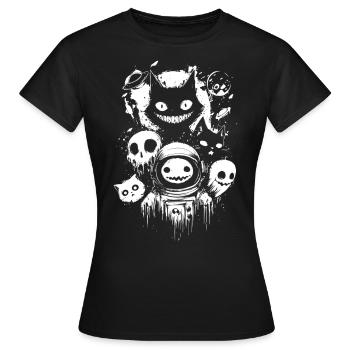 Creepy Space Horror – Astronaut & Grinsekatzen - Frauen T-Shirt - Schwarz - Vorne - AI Model Female 172 dark (172cm)