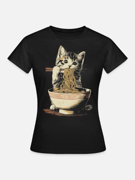 Cute cat eating ramen – funny noodle design - Women's T-Shirt - black