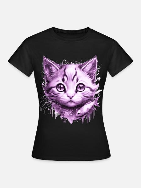 Chaton Violet avec poisson - T-shirt Femme - noir