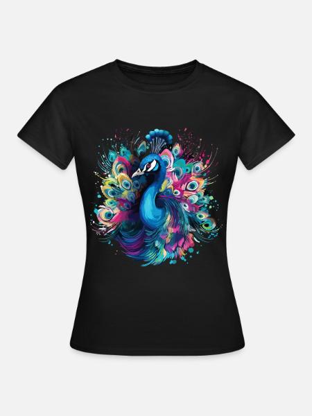 Pfau Pfauenfeder Exotisch Farbenfroh Bunt Kunst - Frauen T-Shirt - Schwarz