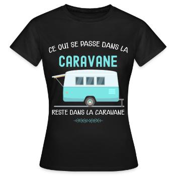 Humour caravane. Ce qui se passe dans la caravane - T-shirt Femme - noir - Devant - AI Model Female 172 dark (172cm)