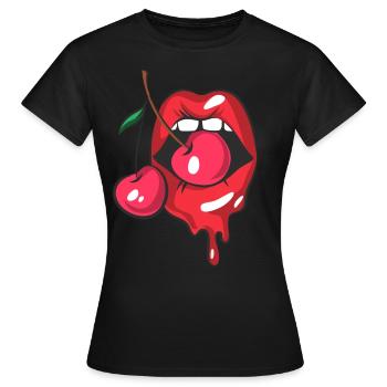 Rote Lippen und zwei Kirschen - Frauen T-Shirt - Schwarz - Vorne - AI Model Female 172 dark (172cm)