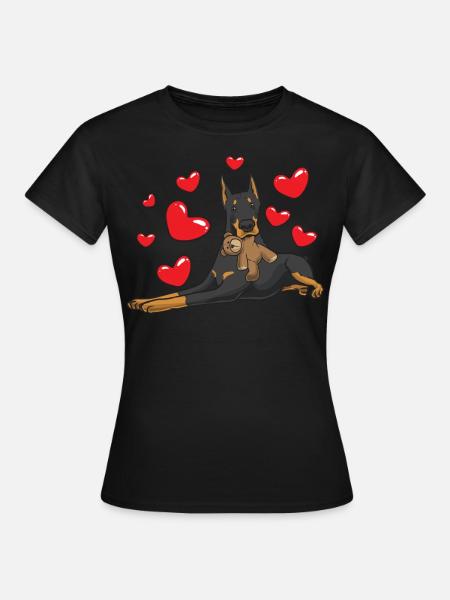 Dobermann mit Kuscheltier - Frauen T-Shirt - Schwarz