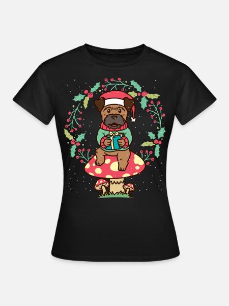 Border Terrier dog on mushroom Christmas wreath - Women's T-Shirt - black