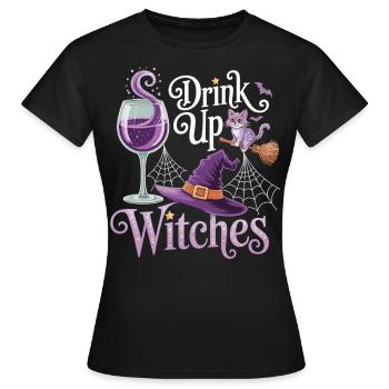 Witch Party with Style – T-Shirt with Cat & Wine - Women's T-Shirt - black - Front - AI Model Female 172 dark (172cm)
