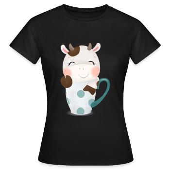 Cute cow looks out of a mug with stars - Women's T-Shirt - black - Front - AI Model Female 172 dark (172cm)