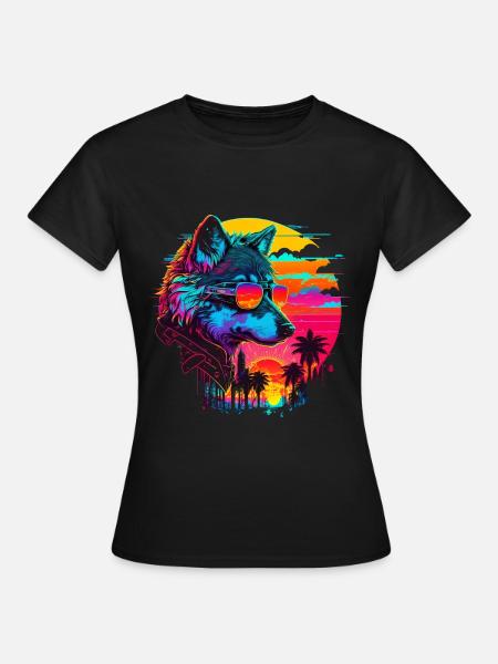 Wolf Retro Illustration Synthwave Art - T-shirt Femme - noir
