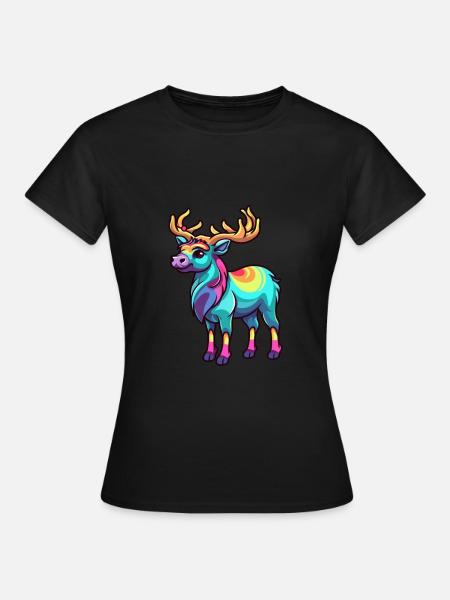 Caribou Aquarelle Colorée Dessin Animé Kawaii Animal - T-shirt Femme - noir