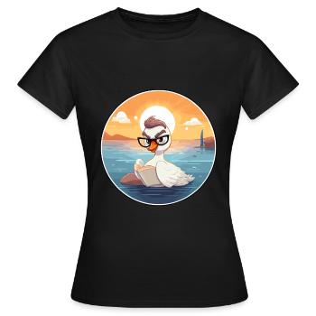 Cygne Mignon Dessin Animé Drôle Kawaii Livre Plage - T-shirt Femme - noir - Devant - AI Model Female 172 dark (172cm)