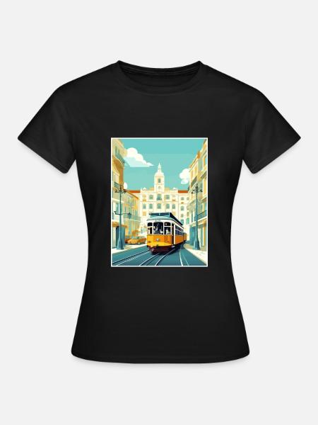 Lizbona Portugalia Tramwaj Vintage Plakat Podróżniczy WPA Art - Koszulka damska - czarny