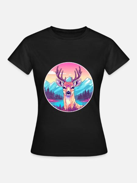 Cerf Aquarelle Dessin Animé Kawaii Animal De Compagnie Animal Coloré - T-shirt Femme - noir
