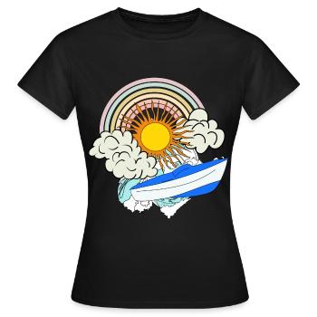 Motorboot Sonne Retro Regenbogen Wolken Meer Boot - Frauen T-Shirt - Schwarz - Vorne - AI Model Female 172 dark (172cm)
