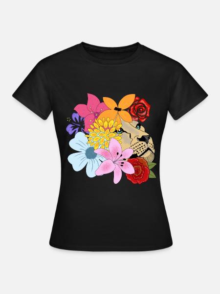 Löwin mit Blumen - Frauen T-Shirt - Schwarz