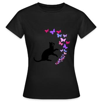 Schwarze Katze und bunte Schmetterlinge Design - Frauen T-Shirt - Schwarz - Vorne - AI Model Female 172 dark (172cm)