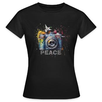 Paint Splash Photo Camera Peace Symbol Press - Women's T-Shirt - black - Front - AI Model Female 172 dark (172cm)