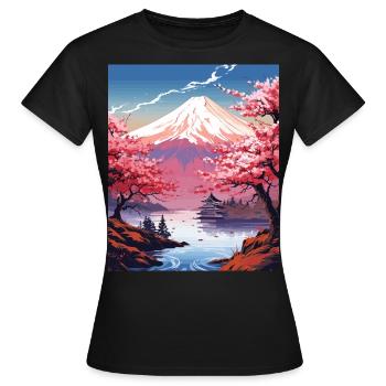 Mount Fuji Japanese Landscape Art Print - Frauen T-Shirt - Schwarz - Vorne - AI Model Female 172 dark (172cm)