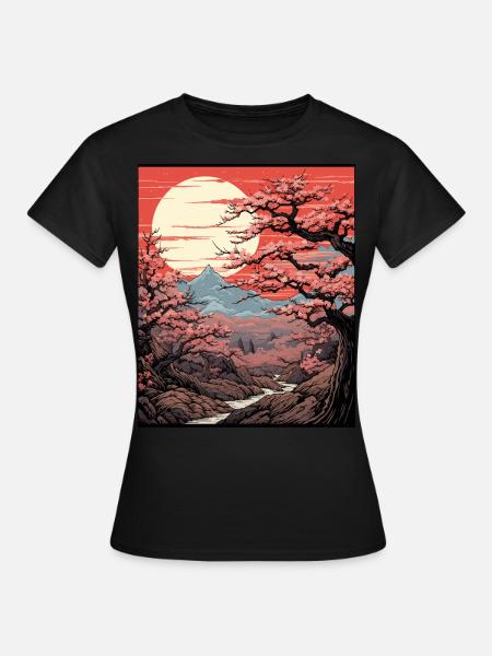 Japanese Cherry Blossom Tree Art Print Sakura - Frauen T-Shirt - Schwarz