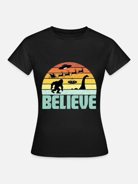 Believe Santa Claus Bigfood Nessie UFO Retro Sonne - Frauen T-Shirt - Schwarz