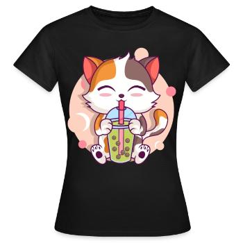 Anime Kawaii Cat Boissons Boba Thé à bulles - T-shirt Femme - noir - Devant - AI Model Female 172 dark (172cm)