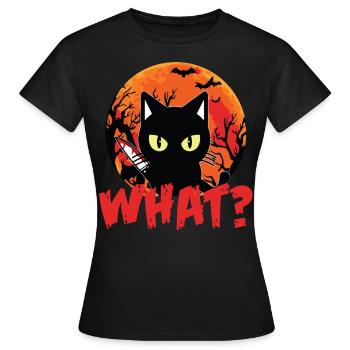 Angry Halloween cat with bloody knife WHAT? Katze - Frauen T-Shirt - Schwarz - Vorne - AI Model Female 172 dark (172cm)