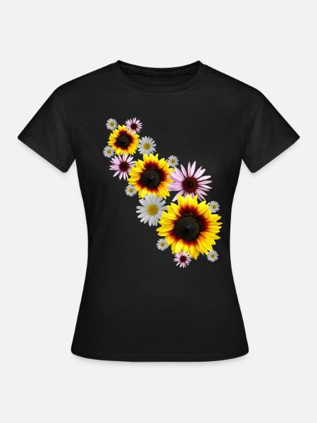 Blumenranke mit Sonnenblumen, Margeriten, Blumen - Frauen T-Shirt - Schwarz
