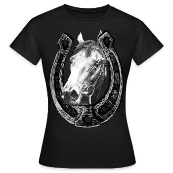 Cheval regarde à travers un fer à cheval - T-shirt Femme - noir - Devant - AI Model Female 172 dark (172cm)