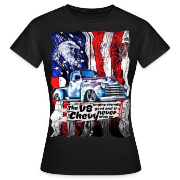 V8 Chevy Pickup Truck auf Amerikanischer Flagge - Frauen T-Shirt - Schwarz - Vorne - AI Model Female 172 dark (172cm)