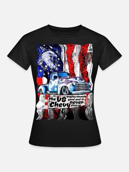 V8 Chevy Pickup Truck sur drapeau américain - T-shirt Femme - noir