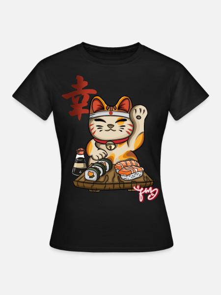 Yokai Maneki Neko Sushi - T-shirt Femme - noir