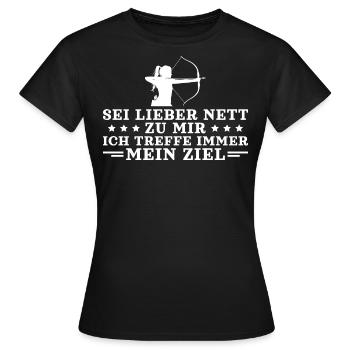 Bogenschießen Sei lieber nett Bogenschützin - Frauen T-Shirt - Schwarz - Vorne - AI Model Female 172 dark (172cm)