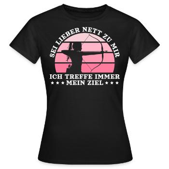 Bogenschützin Sei lieber nett Bogenschießen - Frauen T-Shirt - Schwarz - Vorne - AI Model Female 172 dark (172cm)