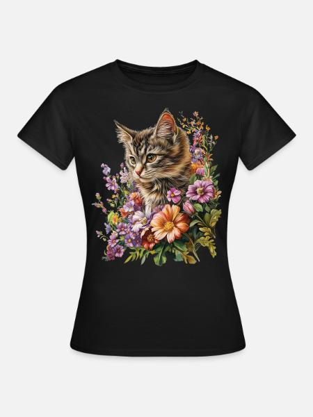 Katze Blumen - Frauen T-Shirt - Schwarz