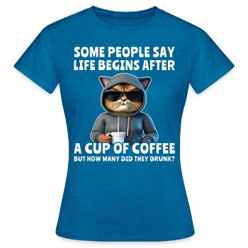 Coffee Cat Coffee Drinker - Women's T-Shirt - antique blue sapphire heather - Front - AI Model Female 172 dark (172cm)
