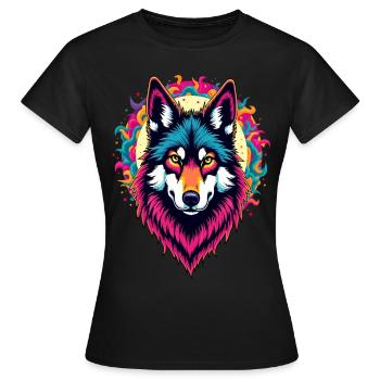 Tête de loup néon avec soleil – Art psychédélique coloré - T-shirt Femme - noir - Devant - AI Model Female 172 dark (172cm)