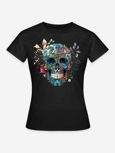 Mexikanischer Totenkopf, Blumen, Schädel, floral - Frauen T-Shirt - Schwarz