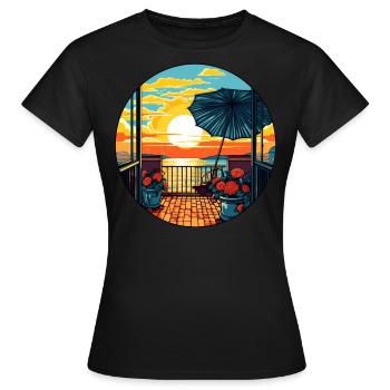 Urlaub auf dem Balkon, Sonnenschirm, Sonne, Meer - Frauen T-Shirt - Schwarz - Vorne - AI Model Female 172 dark (172cm)