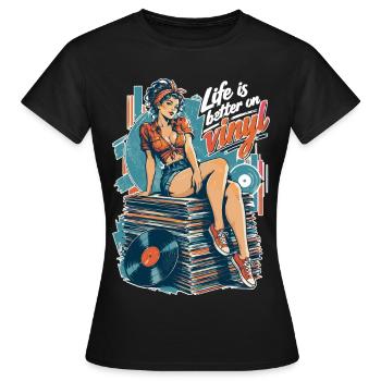Life is better on vinyl - Pin-Up & Sneaker - Frauen T-Shirt - Schwarz - Vorne - AI Model Female 172 dark (172cm)