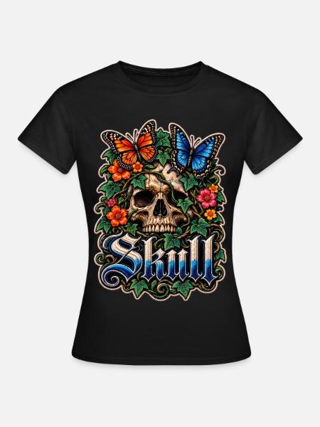 Blumen-Schädel mit Schmetterlingen - Frauen T-Shirt - Schwarz