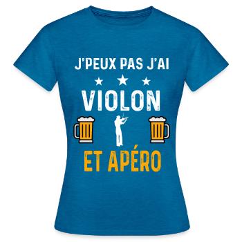 je peux pas j'ai violon homme et apéro - T-shirt Femme - bleu saphir antique chiné - Devant - AI Model Female 172 dark (172cm)