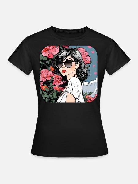 Fille cool avec des lunettes de soleil et des fleurs - T-shirt Femme - noir