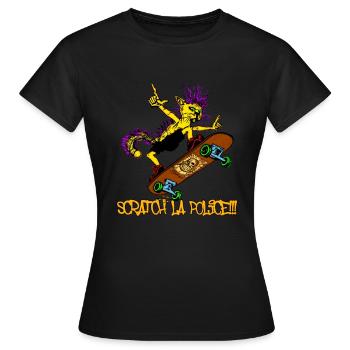Skater Cat - Scratch La Police! - Frauen T-Shirt - Schwarz - Vorne - AI Model Female 172 dark (172cm)