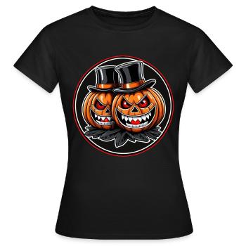 Zwei grinsende Halloweenkürbisse mit Zylinder - Frauen T-Shirt - Schwarz - Vorne - AI Model Female 172 dark (172cm)