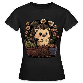 Petit hérisson, pot de fleur, cactus, fleurs, jardin - T-shirt Femme - noir - Devant - AI Model Female 172 dark (172cm)