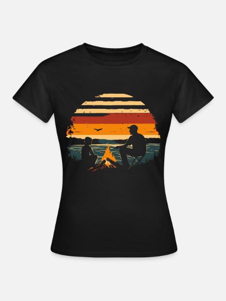 Vader en zoon camping kampvuur wandelen wijnoogst - Vrouwen T-shirt - zwart