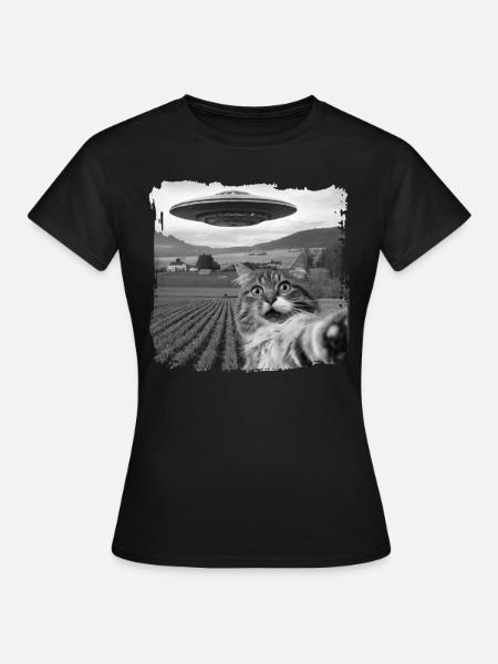 Funny Scared Cat Selfie UFO Alien - T-skjorte for kvinner - svart